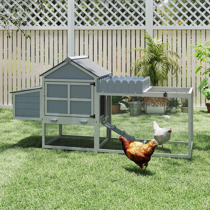 80" Outdoor Wood Chicken Coop, 2-Tier Hen House with Nesting Box, Resting Area, Run, Planter, Openable PVC Roof, Doors, Easy-to-Clean Tray, Backyard Patio Poultry Habitat, Gray