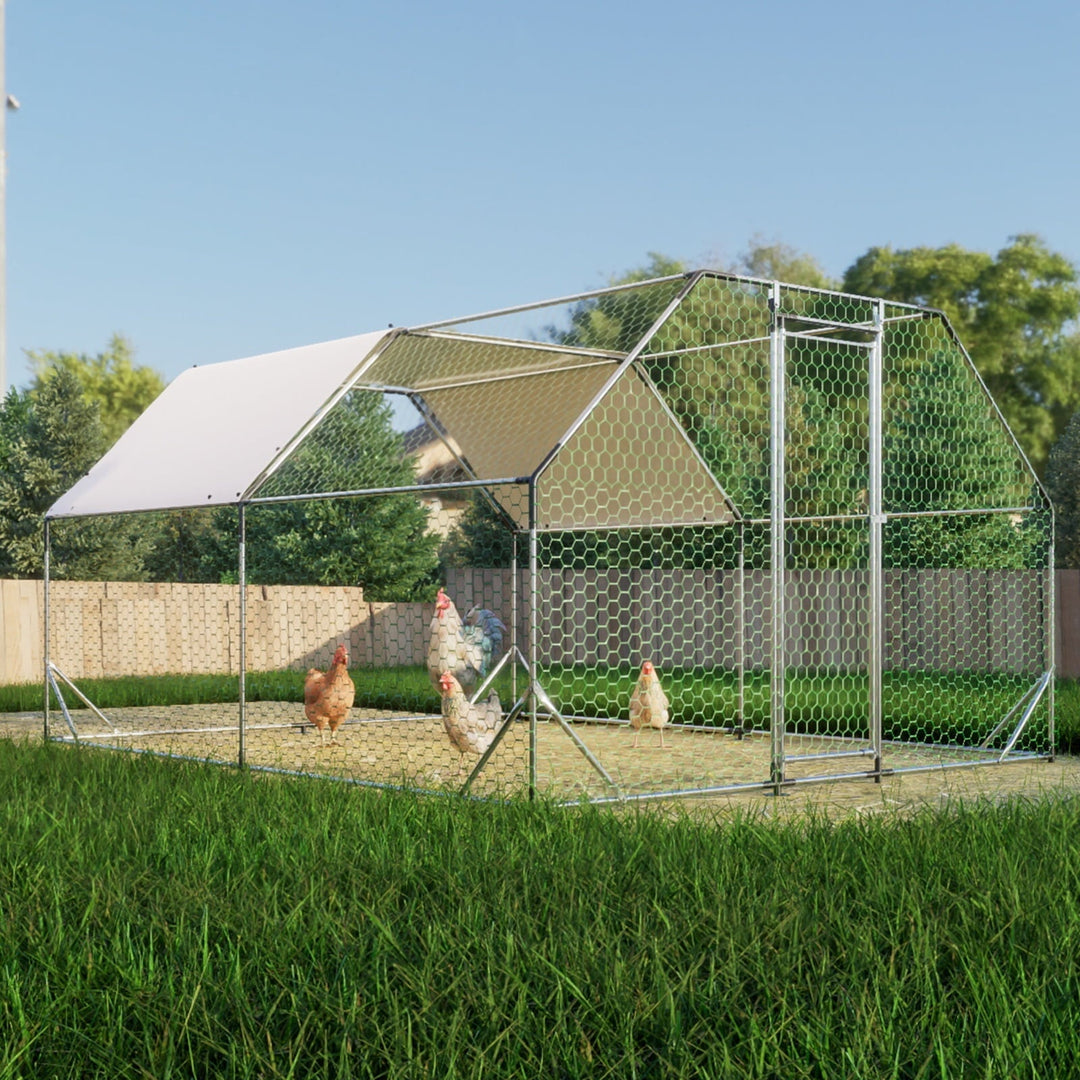 10ft x 13ft Galvanized Walk-In Chicken Coop, Large Metal Poultry Run with UV-Resistant Tarp, Lockable Doors
