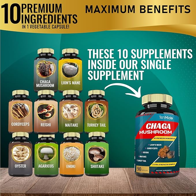 Chaga Mushroom Extract Capsules & Lions Mane, Cordyceps and More | Digestive Health, Anti-Aging, Immune Support | Energy Boost, Rich in Antioxidants & Nutrients, 3 Months Supply