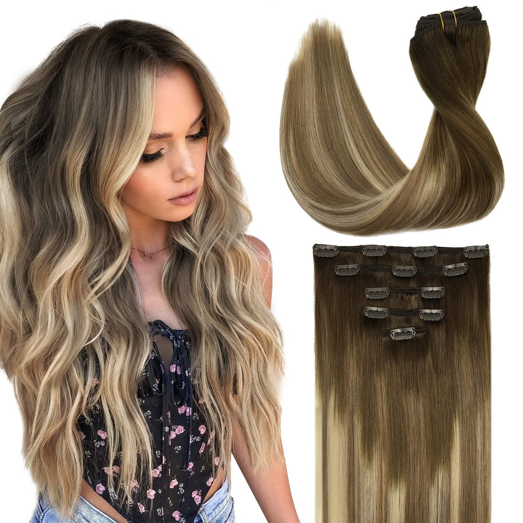 Doores Clip In Hair Extensions Human Hair, 5Pcs 80G 20 Inch Walnut Brown To Ash Brown And Bleach Blonde Balayage Hair Extensions