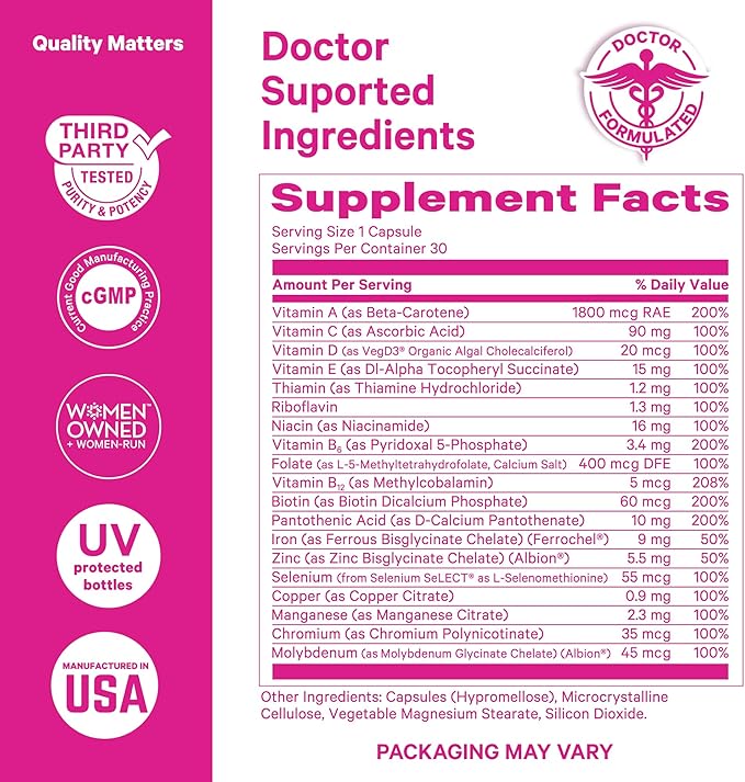 Pink Stork Total Women's Multivitamin - Supports Hair, Skin, Nails, Bone Health & Immune System - Includes B6, B12, Biotin, Iron & Zinc - Premium Women's Vitamins - 30 Capsules