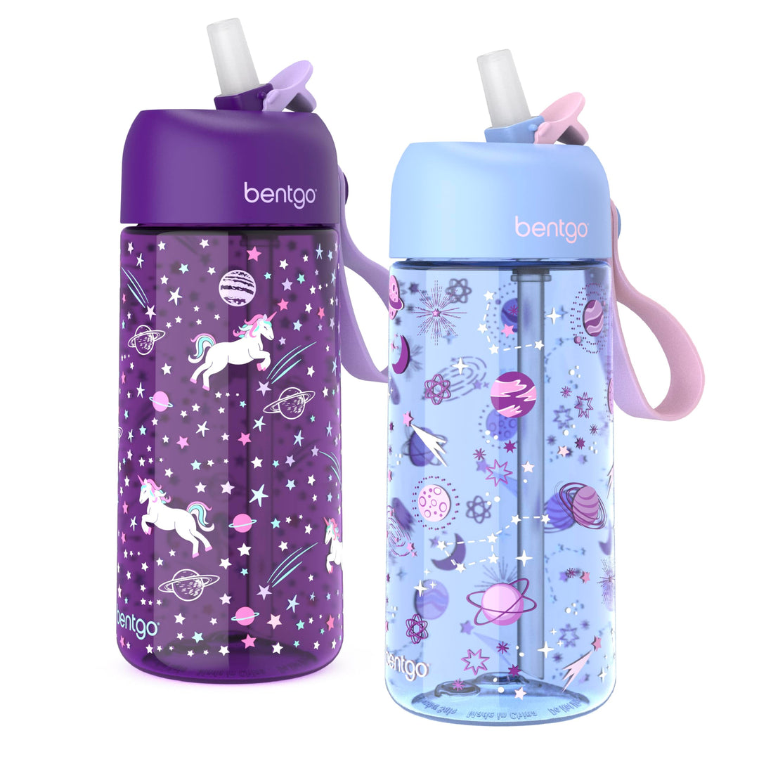 Bentgo Kids Water Bottle 2-Pack - Leak-Proof, Durable Tritan™, BPA-Free 15 oz Cup for Kids/Toddlers 3+; Flip-Up Straw; Dishwasher Safe for School/Sports/Daycare/Camp (Unicorn/Lavender Galaxy)