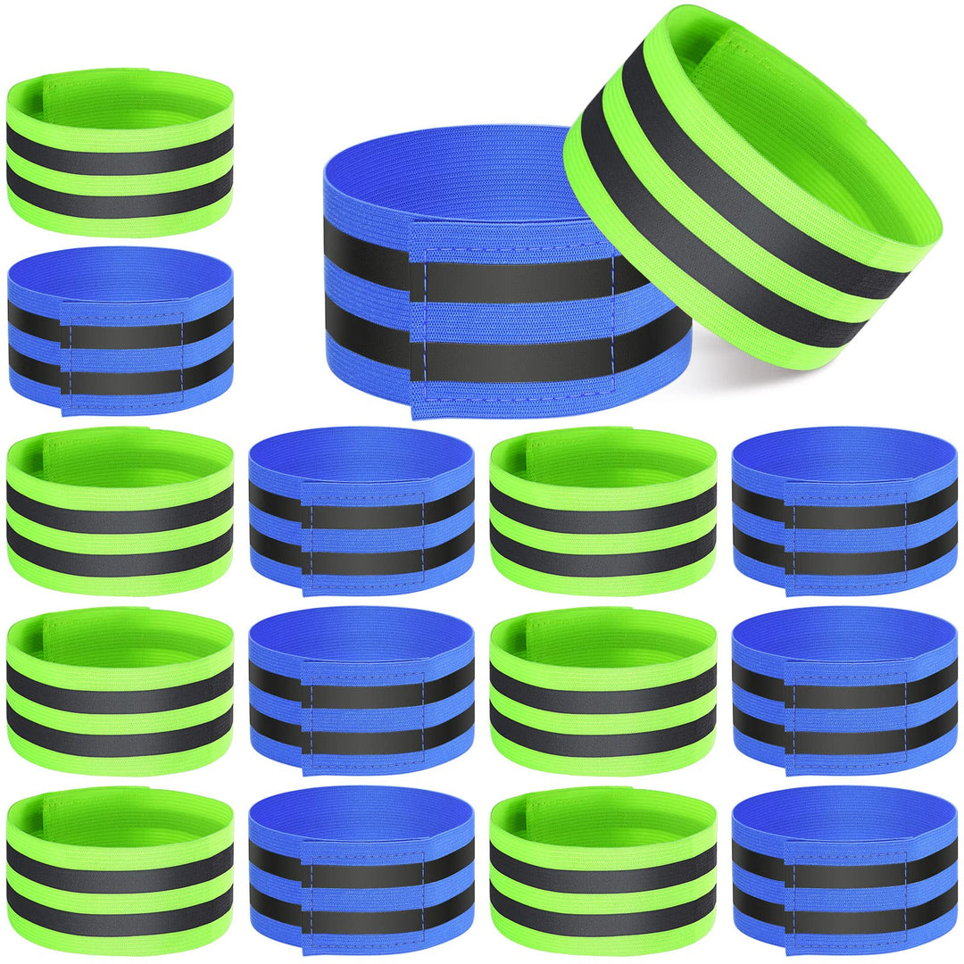 16 Pieces Reflective Bands Reflector Bands for Wrist, Arm, Ankle, Leg, High Visibility Reflective Gear Safety Reflector Tape Straps for Night Walking, Cycling and Running (Green, Blue)