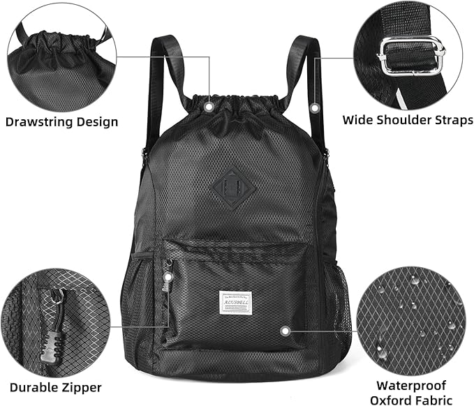 ALUSBELL Large Drawstring Backpack Bag, Sports Gym Bag String Sackpack with Shoes Compartment, Waterproof String Bag Cinch for Women Men(Black)