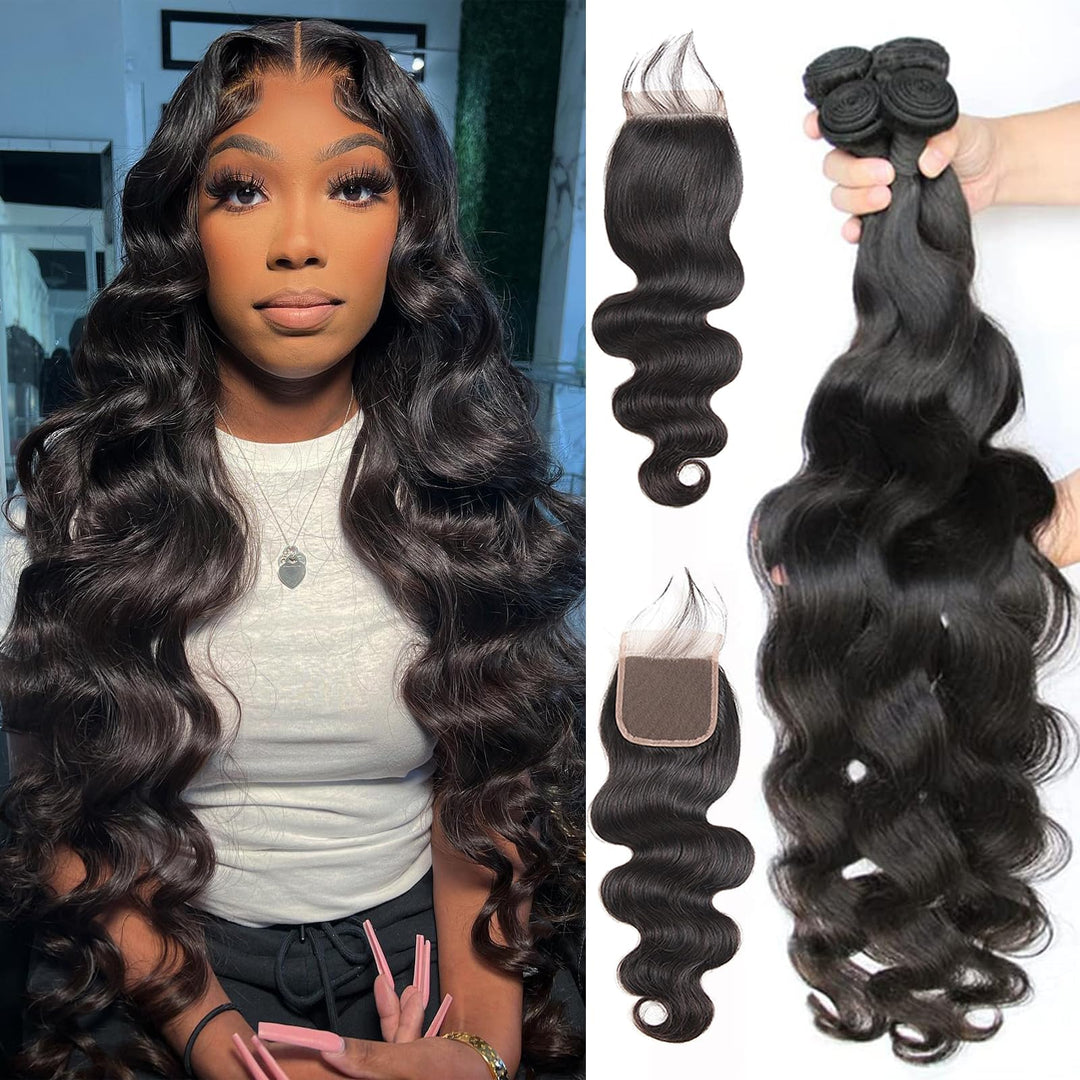 Beauty Queen Bundles Human Hair 26 28 30+22 With Closure Body Wave Bundles Human Hair With Closure Weave 3 Bundles With Closure