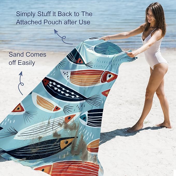 Large Beach Blanket Waterproof Sandproof 79"x 83" for 1-4 Adults,Quick Drying Beach Mat,Lightweight & Durable,Beach Essentials for Family Beach Camping Travel Picnic(Small Fish)