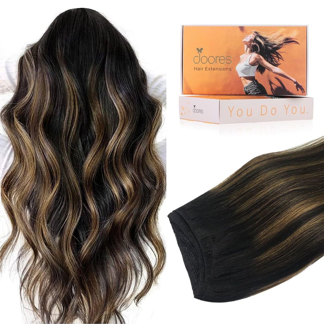 Doores Sew In Hair Extensions Real Human Hair, Natural Black To Chestnut Brown 20 Inch 100G, Double Weft Natural Straight Hair,