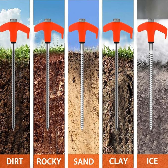 8 Pack 8" Screw in Tent Stakes Heavy Duty Ground Anchors, Tent Pegs Metal Tent Spikes Camping Tent Stakes with Hex Head Driver & Nail Extractor for Outdoor, Camping, Canopy, Gardening, Beach