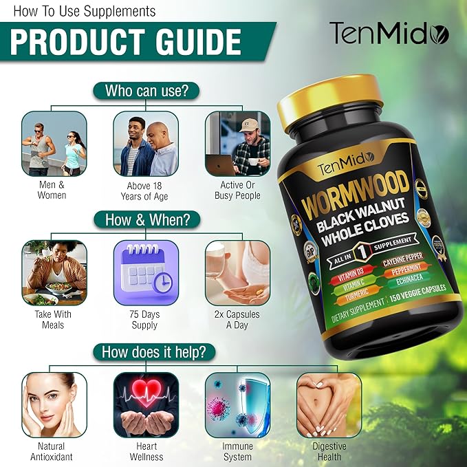 Wormwood Capsules Supplement for Men and Women, 10in1 Formula with Black Walnut, Whole Cloves, Turmeric, Cayenne Pepper & More - Digestive, Immune Support - Nutrient Rich - 150 Capsules