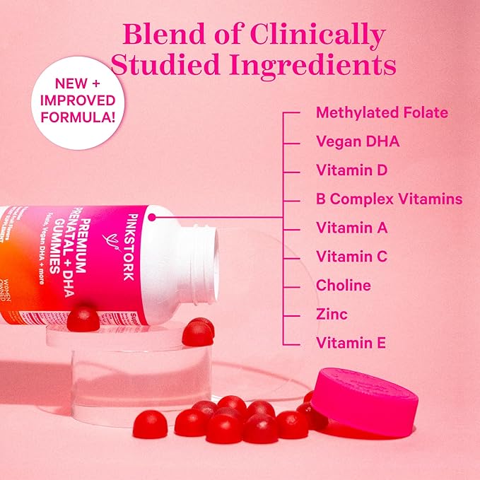 Pink Stork Premium Prenatal Gummy Vitamins with DHA, Folate, and Vitamin D - 60 Vegan Gummies - 2 Pack