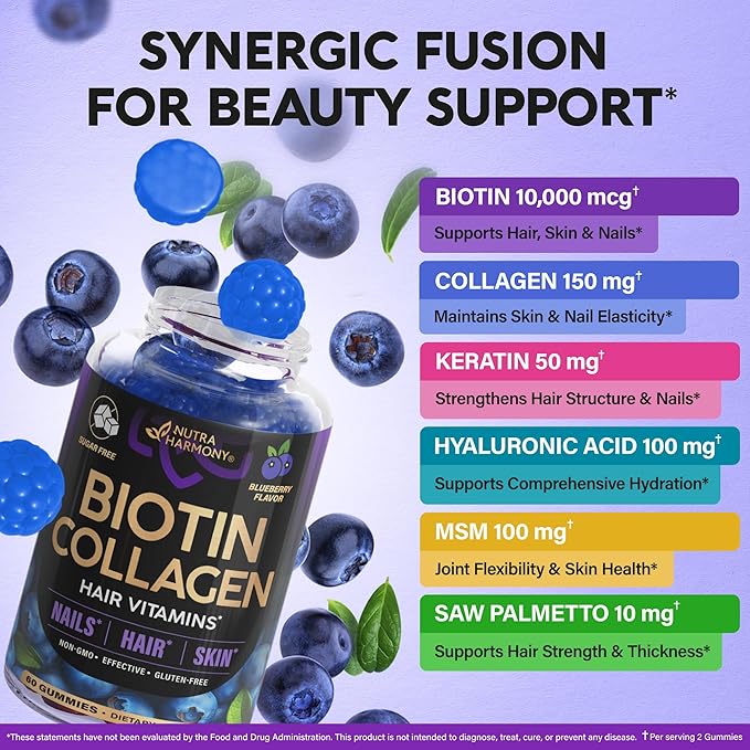 Biotin Gummies with Collagen - Hair Growth Support Skin, & Nail Strength - for Women & Men - Biotin 10000mcg | Keratin | Hyaluronic Acid | B-Complex | Saw Palmetto - Sugar-Free, Blueberry - 60 Gummy