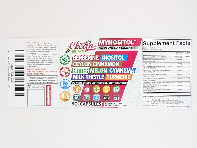 Clean Nutra Berberine Supplement with Ceylon Cinnamon, Bitter Melon, Inositol, Gynema Sylvestre, Milk Thistle, Turmeric Extract Berberis HCL Phytosome Capsules Vegan Supplements