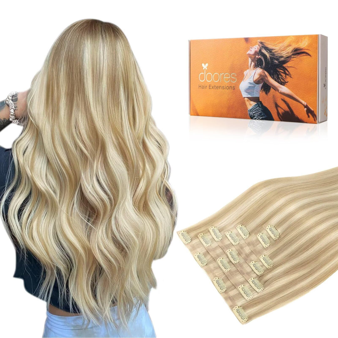 Doores Seamless Clip In Hair Extensions - Dark Blonde Highlighted Bleach Blonde Human Hair, 16 Inch 130G 7Pcs Virgin Straight Ha