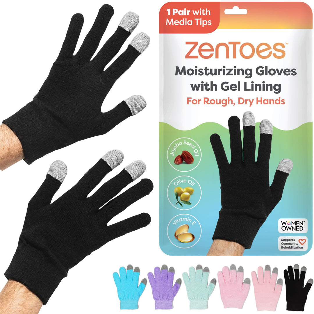 ZenToes Moisturizing Gloves for Dry Hands and Eczema, Gel Infused with Jojoba Seed Oil, Olive Oil and Vitamin E, Overnight Hand Moisturizer (OSFM, Cotton Black)