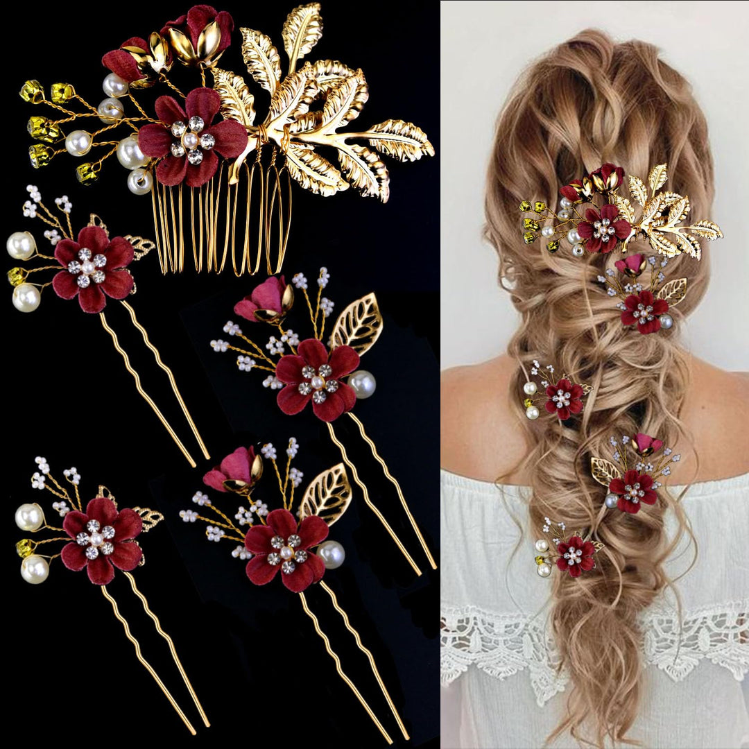 5 PCS Bridal Flower Wedding Hair Pins Crystal Pearl Headpiece Gold Wedding Hair Accessories Jewelry Rhinestone for Brides Bridesmaids Women Girls Updo, Exquisite Flower Leaves&Elegant Burgundy