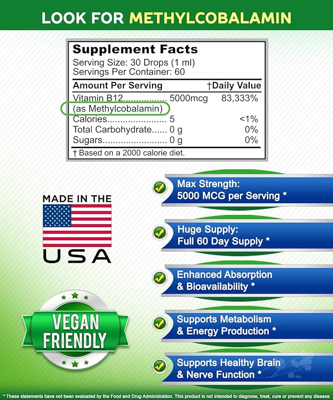 aSquared Nutrition Vitamin B12 Sublingual Liquid Drops - 5000 MCG Supplement with Methylcobalamin (Methyl B-12) - Max Absorption B 12 to Increase Energy - Vegan Friendly - 2 fl oz