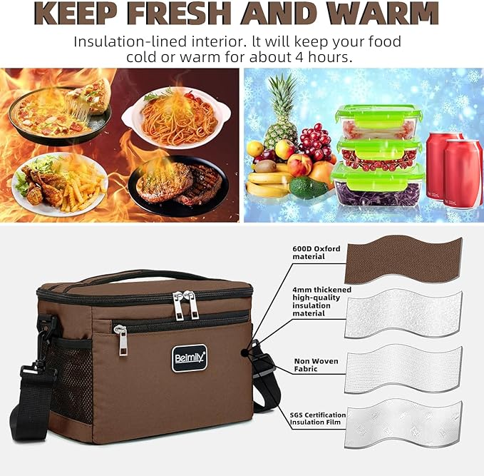 BEIMILY Lunch Bag for Women/Men,Reusable Lunch Box Small Cooler Bag Soft Sided,Leakproof Cooler Bag for Office Work Picnic Beach with Adjustable Shoulder Strap (coffee brown), 2311A