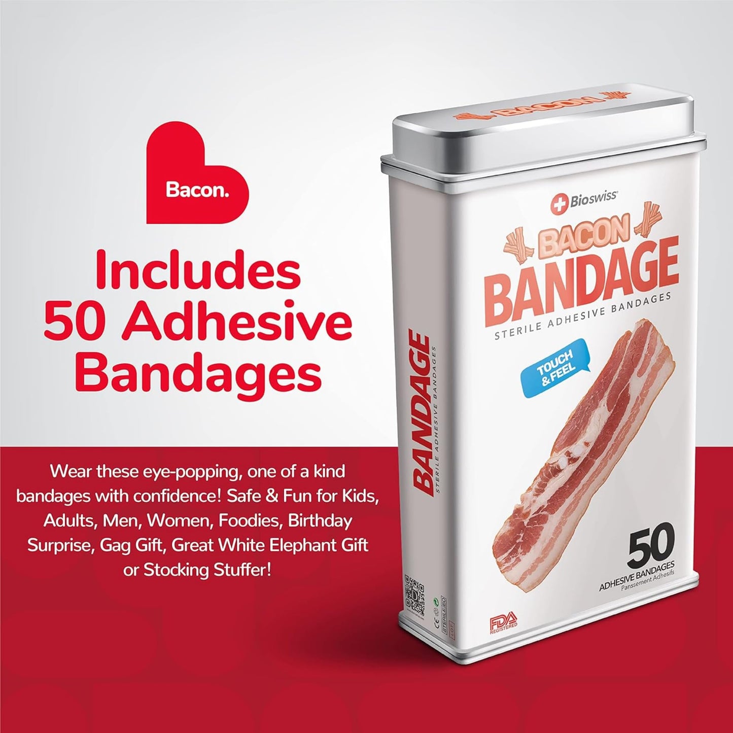 BioSwiss Bandages, Bacon Shaped Self Adhesive Bandages, Latex Free Sterile Wound Care, Fun First Aid Kit Supplies for Kids, 50 Count
