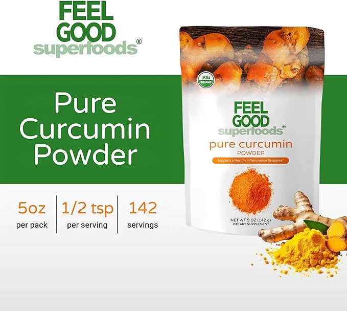 Feelgood Organic Superfoods Pure Curcumin Powder, Organic, Non-GMO, Vegan from Bulk Ground Turmeric Root from India, Curcuma Longa Joint Supplement, 5 oz