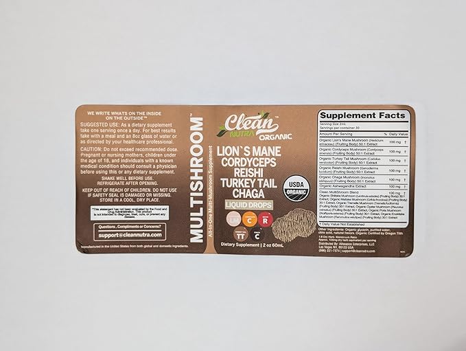 Mushroom Supplement Liquid Drops with Lions Mane Turkey Tail Cordyceps Reishi Chaga Shitake Maitake Tremella Oyster Mushrooms Poria Supplement and Enokitake Mushrooms Complex Blend by Clean Nutra