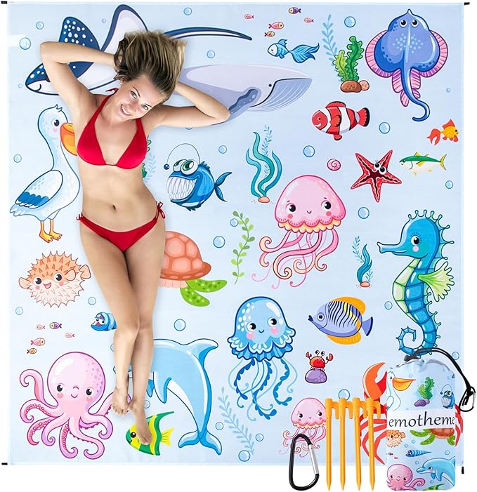 Beach Blanket, Sandproof Beach Mat 79" X 82" for 4-7 Adults, Large Waterproof Beach Blanket Quick Drying Lightweight Beach Blanket with 4 Stakes for Travel Camping Hiking (Ocean)