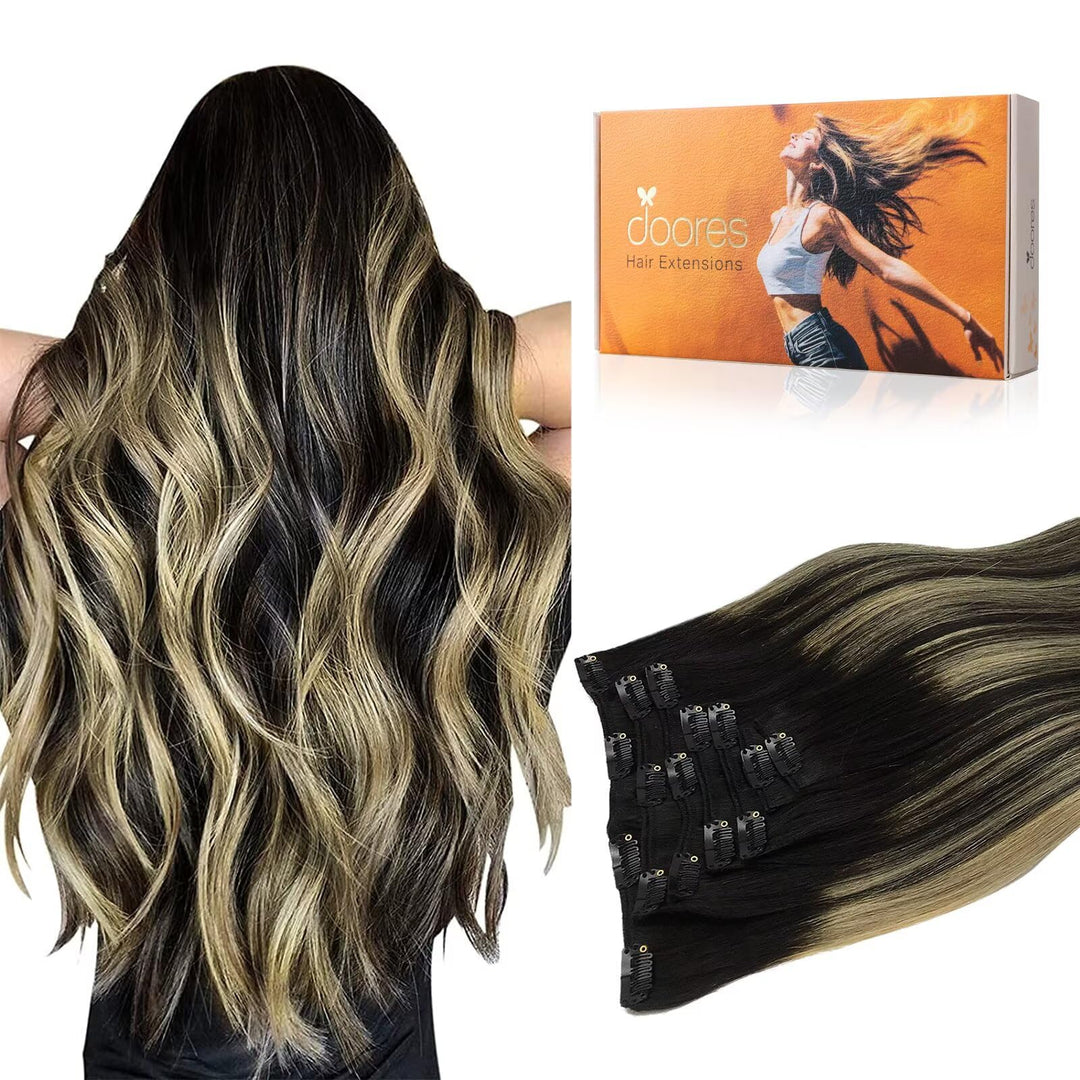 Doores Clip In Hair Extensions Balayage Natural Black To Light Blonde 22 Inch 7Pcs 120G Remy Human Hair Extensions Clip In Real