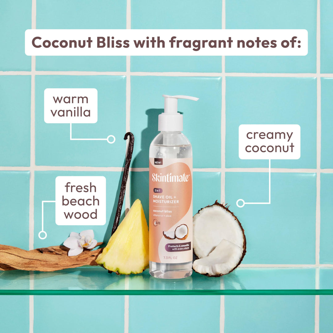 Skintimate 2-in-1 Shave Oil & Moisturizer, Coconut Bliss, 7.3oz | Shaving Oil, After Shave for Women Bikini Area Moisturizer with Vitamin E and Aloe, Shaving Cream Alternative, 7.3 fl oz