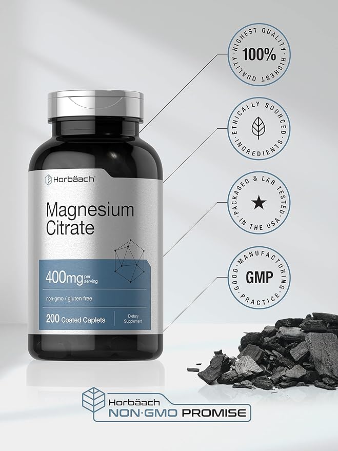 Horbäach Magnesium Citrate | 400mg | 200 Caplets | Vegetarian, Non-GMO, and Gluten Free Supplement