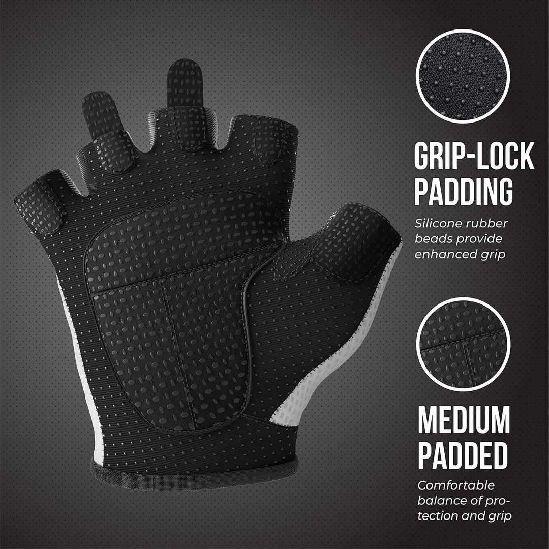 Contraband Pink Label 5307 Womens Designer Workout Gloves | Low Sweat Diamond Mesh Fabric w/Grip-Lock™ Silicone Palm (White, X-Small)