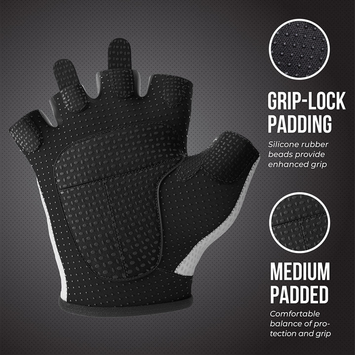 Contraband Pink Label 5307 Womens Designer Workout Gloves | Low Sweat Diamond Mesh Fabric w/Grip-Lock™ Silicone Palm (White, X-Small)