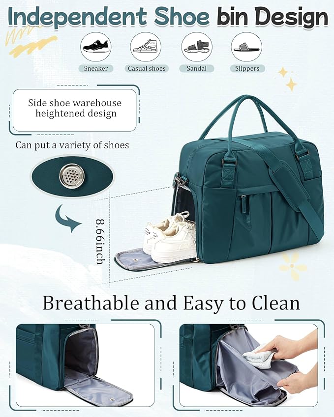 Large Carry on Gym Bag for Women, Waterproof Sport Bag for Fitness with Dry Wet Separated Pocket and Shoe Compartment, Overnight Weekender Fitness Workout Sports Bag, Peacock Blue