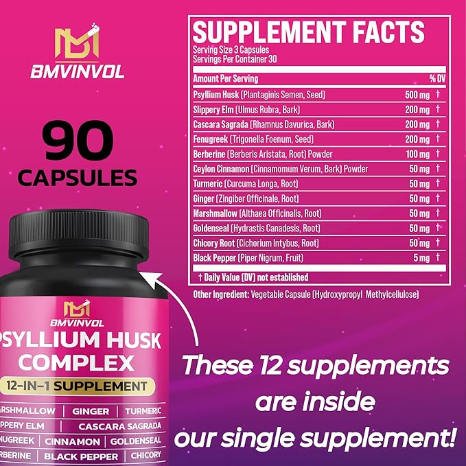 BMVINVOL Psyllium Husk, Slippery Elm, Cascara Sagrada, Fenugreek, Berberine, Cinnamon, Turmeric + 5 Mores - Immune Support & Digestive Health Supplement - 90 Capsules