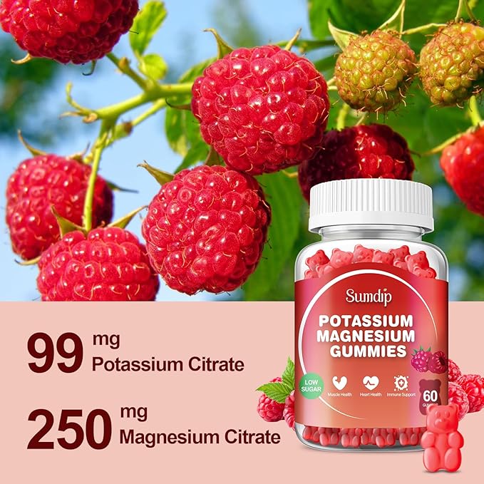 Potassium Magnesium Gummies Potassium Supplements High Absorption Potassium Citrate Magnesium Citrate, Support Leg Cramps Muscle Relaxation for Men and Women 60 Gummies, Raspberry