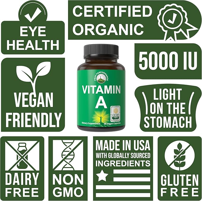 Certified Organic Vitamin A 5000 IU Supplement Capsules High Potency Vitamins. For Adults, Men, Women, Kids. Made with Organic Carrot Juice. Great for Immune, Skin, Eye Support. Non GMO, Vegan Pills