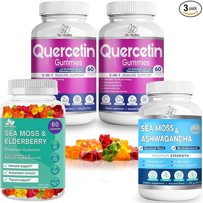 BIO VITALICA (Bundle) Sea Moss Elderberry (1 Pack) & Quercetin (2 Packs) & Sea Moss Ashwagandha (1 Pack)