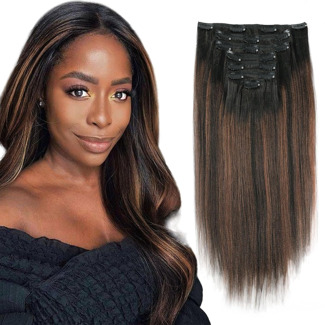ABH AMAZINGBEAUTY HAIR Yaki Straight Clip in Hair Extensions Real Human Hair Rooted Black Piano Natural Black #1B Mixed With Chocolate Brown #4 Two Tone Light Yaki Clip ins for Black Women 18inch 120G