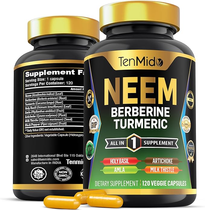 Neem Leaf Supplement - 8in1 Formula - Combine with Berberine, Turmeric, Holy Basil, Amla, Artichoke, Milk Thistle, and Black Pepper - Immune Support - 120 Capsules for 4 Months Supply