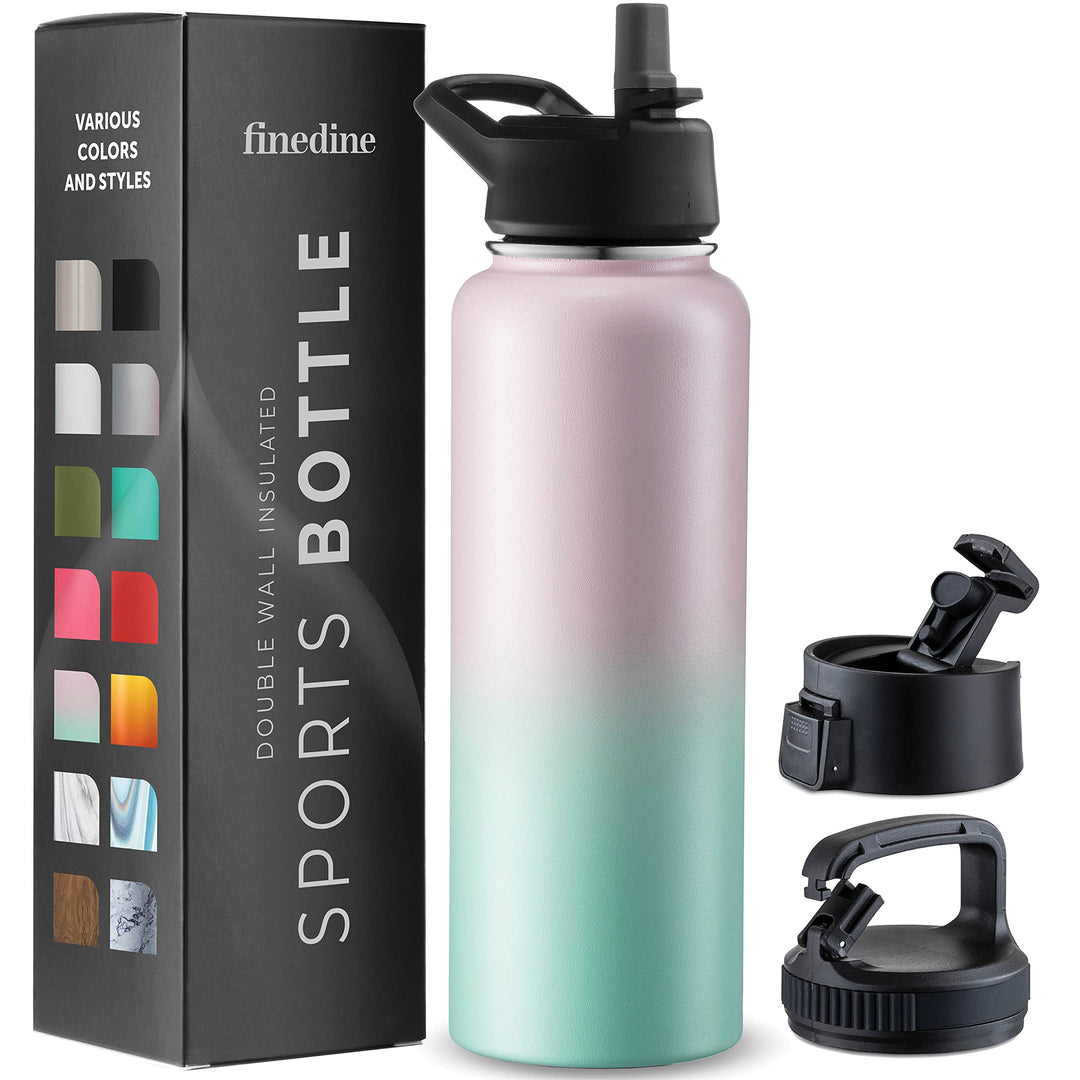 FineDine Triple Walled, Insulated Water Bottles with Straw - 40 Oz Stainless Steel Metal Bottle W/ 3 Leak Proof Lids - For Travel, School, Sports, Gym / Men, Women & Kids - Dreamy Pink-Green