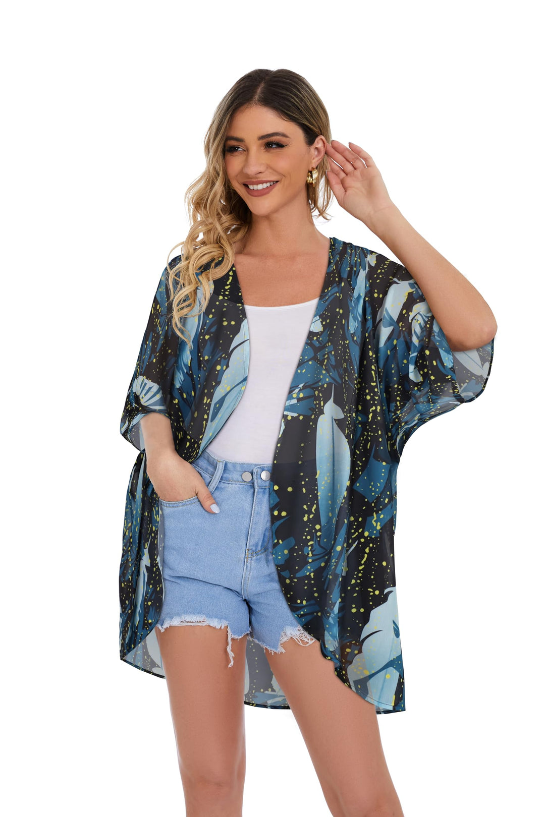 Womens Casual Coverup Summer Kimono Cardigan Hawaiian Shirts Loose Blouse Duster （Firefly Blue Print,S）