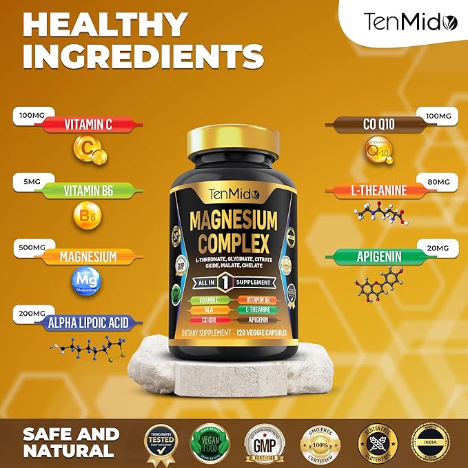 Magnesium Complex Supplement - 6 Types of Magnesium Glycinate, L-Threonate, Citrate, Oxide, Malate, Chelate - Combine with ALA, CoQ10, L-Theanine, Apigenin & More - 120 Capsules