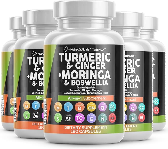 Turmeric Moringa Supplement | Ginger Boswellia Saffron - Supplement for Women and Men with Ceylon Cinnamon, Tart Cherry, Quercetin Garlic Nettle Holy Basil - 5Pack