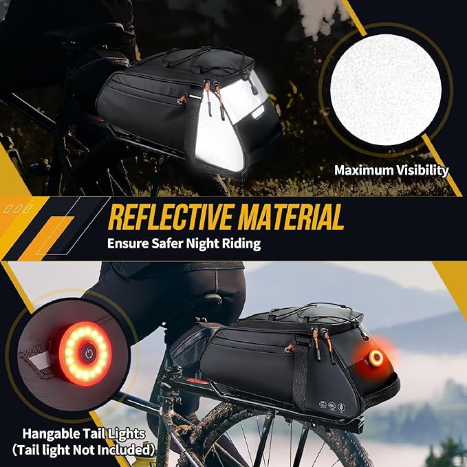 WOTOW Bike Rack Bag Waterproof - 10L Large Capacity Bike Trunk Bag, Reflective Bicycle Saddle Panniers, Cycling Bag Back Seat Storage Cargo Carrier Pouch with Shoulder Strap & Hook (10L)