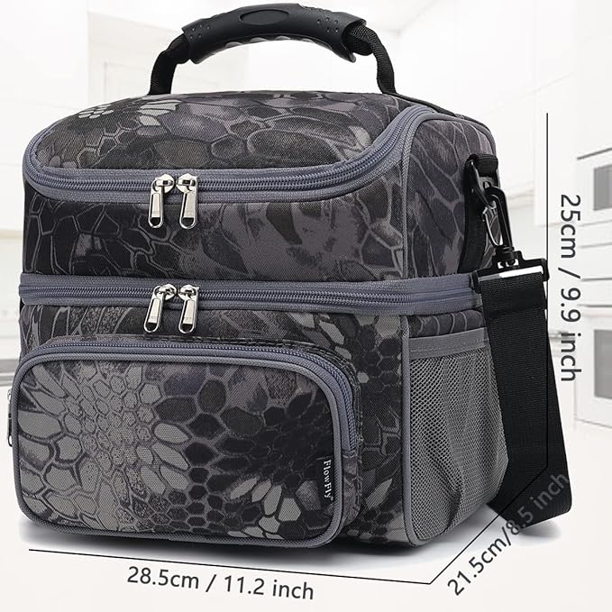 FlowFly Double Layer Cooler Insulated Lunch Bag Adult Lunch Box Large Tote Bag for Men, Women, With Adjustable Strap,Front Pocket and Dual Large Mesh Side Pockets