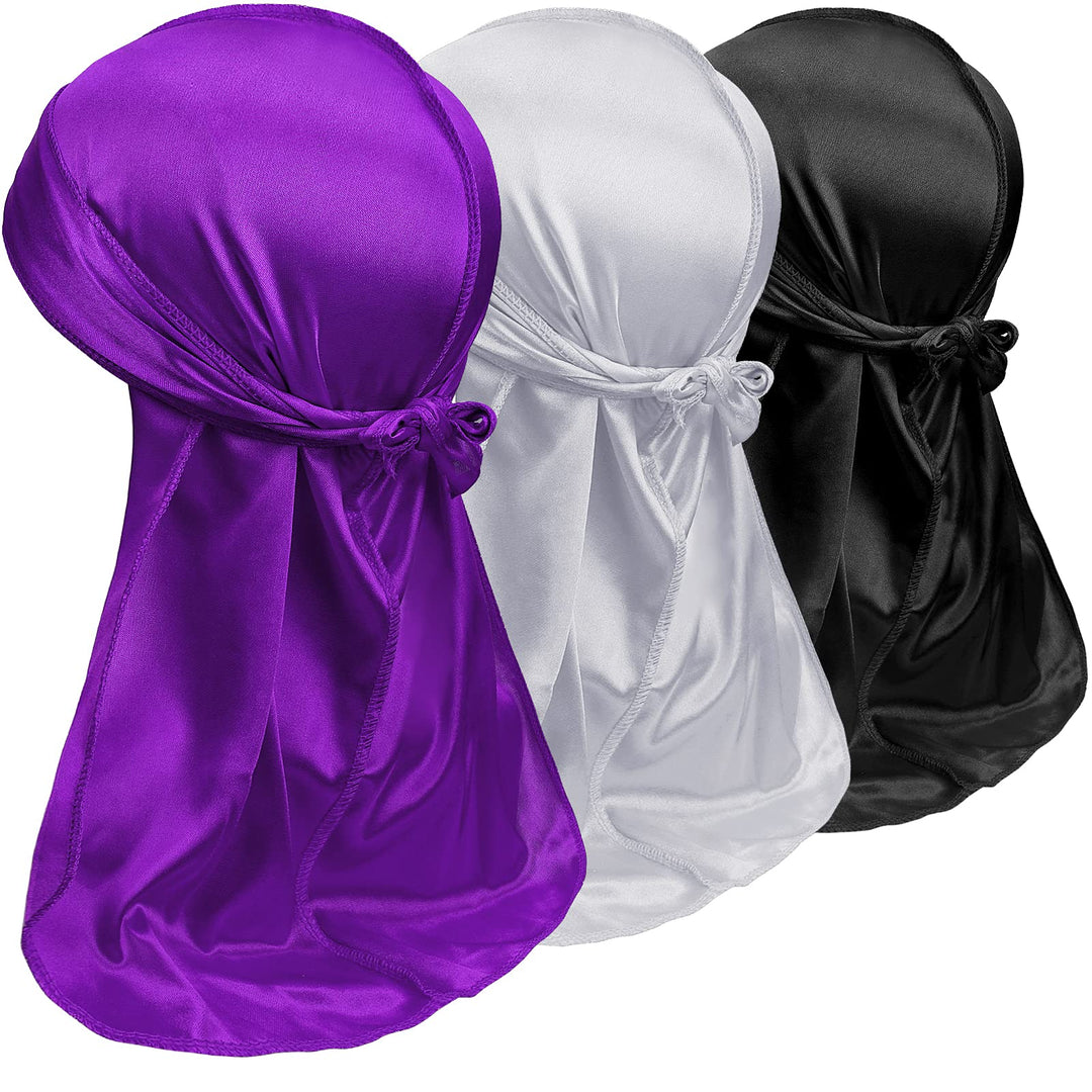 3Pcs Silky Durag Pack For Men Waves, Satin Doo Rag For 360 540 720 Waves, Award 1 Wave Cap (Purple+White+Black)