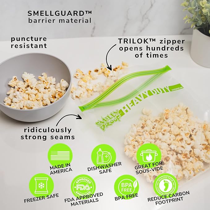 50pcs BULK DEAL, Reusable Extra HEAVY DUTY Ziplock Bags Thick 5mil Reclosable Bags, BPA-Free, Washable Dishwasher-Safe, Made in USA Resealable Ziplock Thick Bags, FLAT Large Quart 10" x 8.5" - 50 pcs