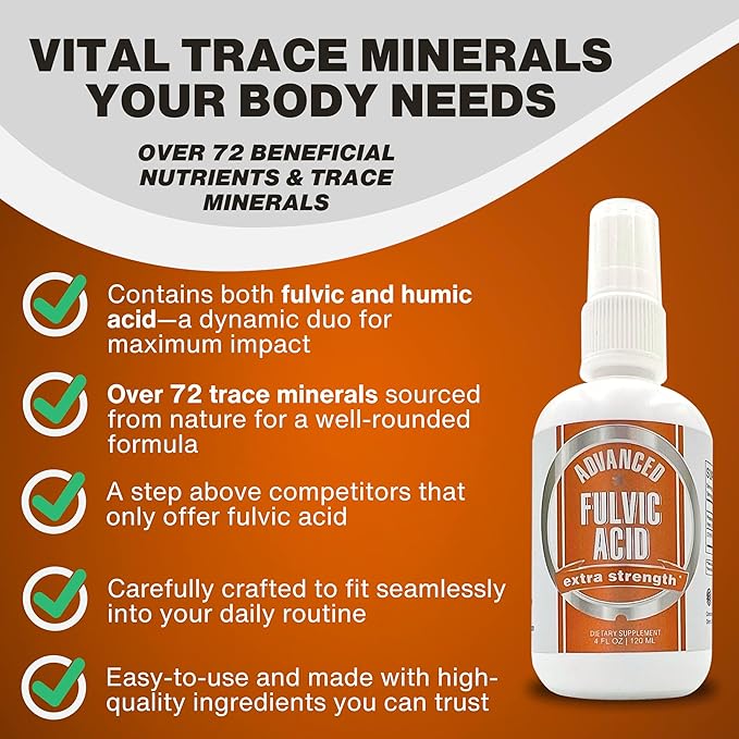 Advanced Fulvic Acid and Humic Acid Trace Mineral Liquid Spray Supplement. 70+ Ionic Organic Vital Minerals & Electrolytes, Similar Benefits of Shilajit & Drops (8 oz, 240 Servings)