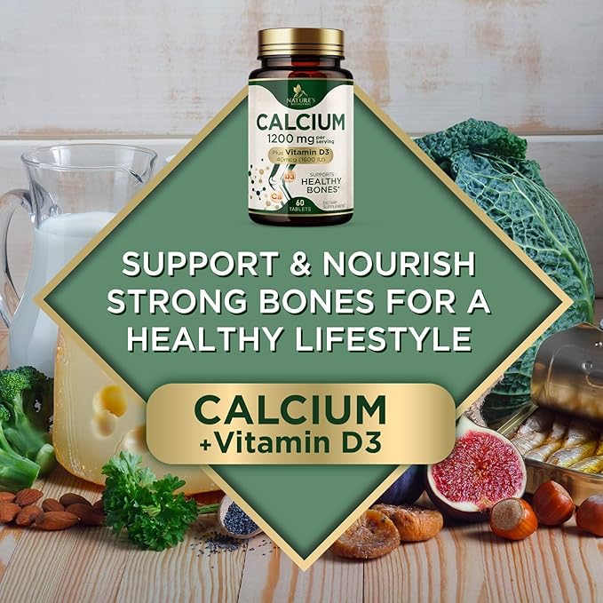 Calcium 1200 mg with Vitamin D3, Calcium Supplement Vitamins, Supports Bone Strength, Teeth & Immune System, Calcium Supplements for Women & Men, Nature's Absorbable Calcium Carbonate - 60 Tablets