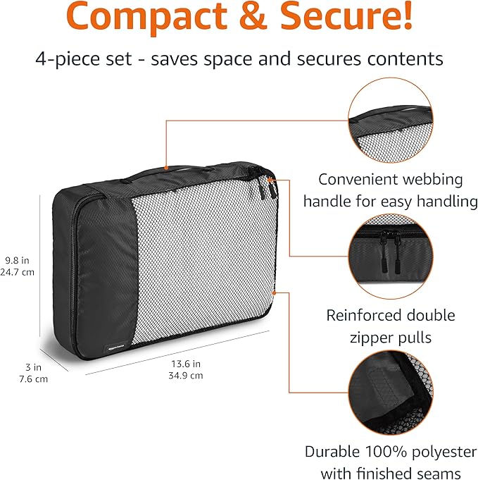Amazon Basics Lightweight Packing Cubes Travel Organizer Set with Double Zipper, Mesh Top, Durable Polyester, Medium, 4 Piece, Black