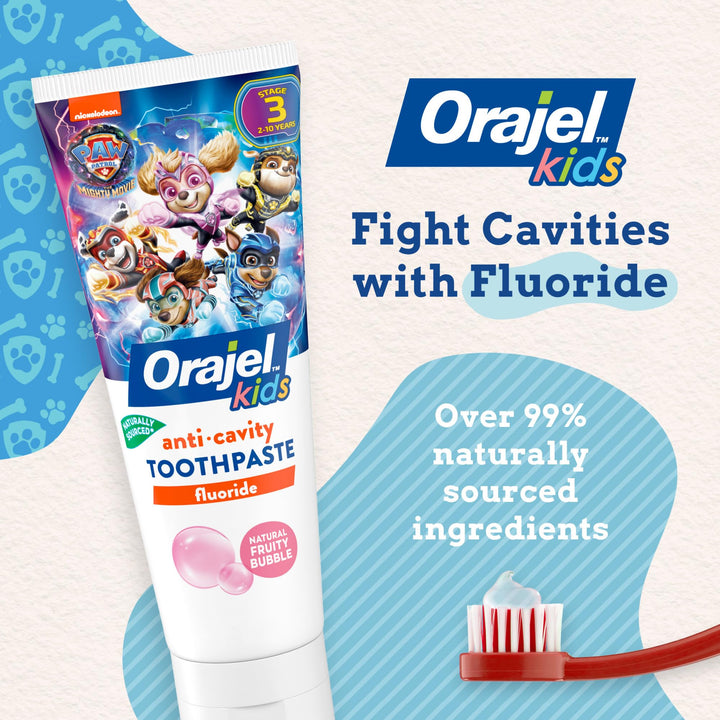 Orajel Kids Paw Patrol Anti-Cavity Fluoride Toothpaste, Natural Fruity Bubble Flavor, 4.2oz Tube (Pack of 2)