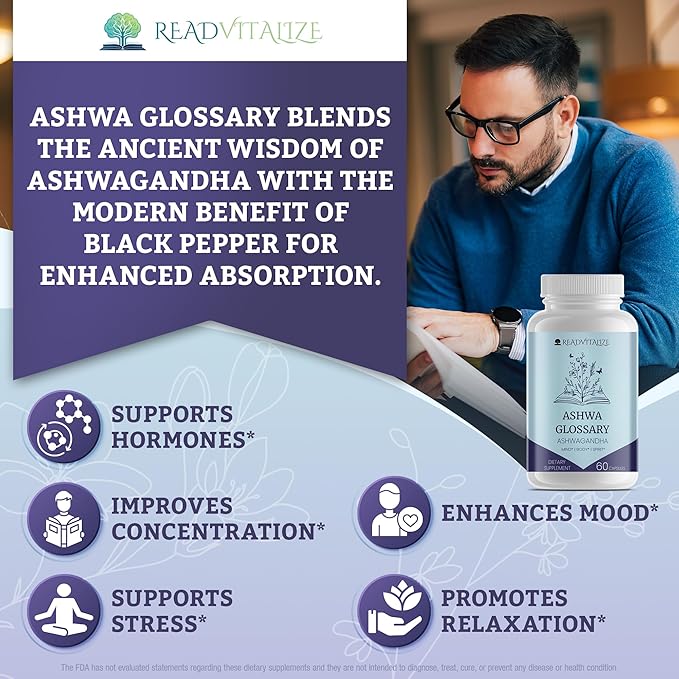 Ashwa Glossary Ashwagandha Supplements with Black Pepper - Enhance Mood, Energy, Reduce Cortisol, Support Hormones, Manage Stress & Sleep - Vegan, Gluten Free, Plant Based (60 Capsules)